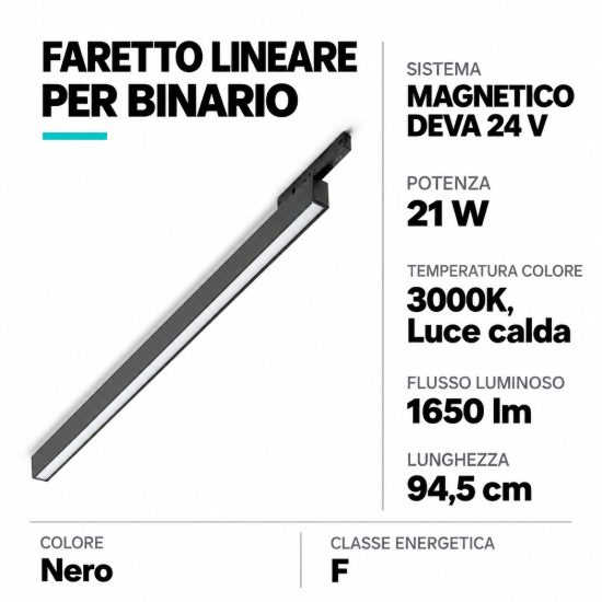 Ideal lux deva wide outer faretto lineare per binario magnetico led 21w 3000k 94,5cm moderno nero