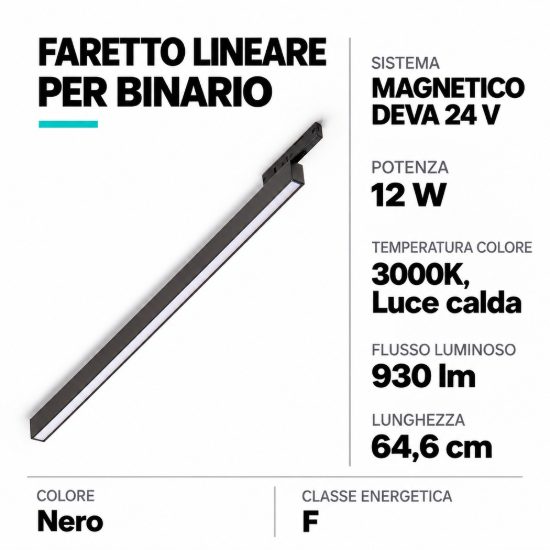 Ideal lux deva wide outer faretto lineare per binario magnetico led 12w 3000k 64,6cm moderno nero