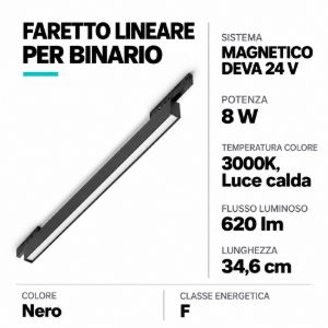 Ideal lux deva wide outer faretto lineare per binario magnetico led 8w 3000k 34,6cm moderno nero