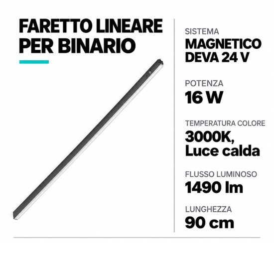 Ideal lux deva wide inner faretto lineare per binario magnetico led 16w 3000k 90cm luce diffusa nero