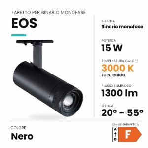 Ideal lux eos faretto per binario monofase orientabile led 15w 3000k con zoom cilindrico nero