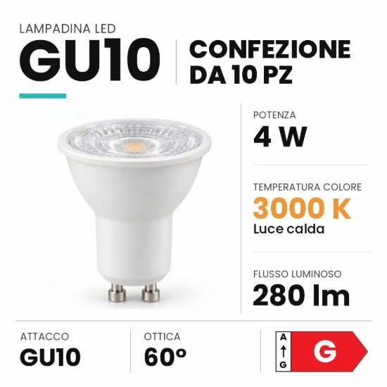 Ideal lux lampadina led gu10 spot 4w 3000k bianca confezione 10 pezzi