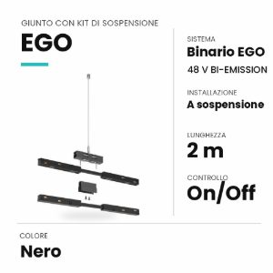 Ideal lux ego giunto con kit di sospensione 2m per binario bi-emission on-off nero