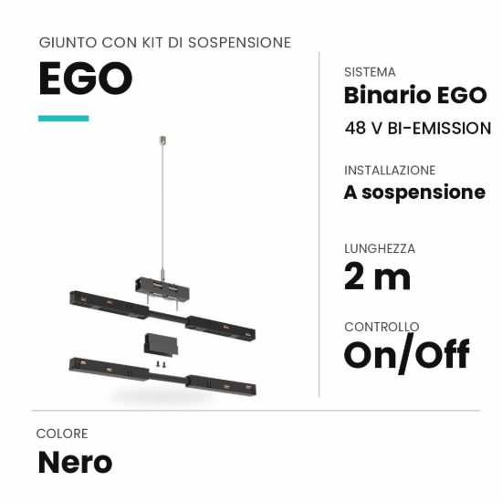 Ideal lux ego giunto con kit di sospensione 2m per binario bi-emission on-off nero