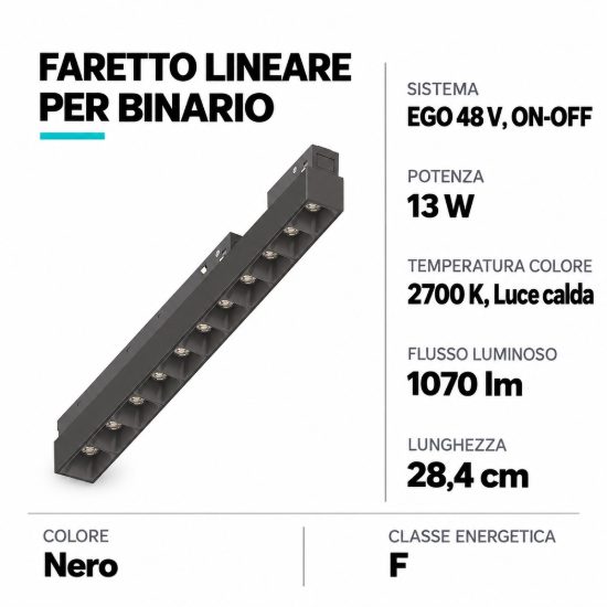 Ideal lux ego accent faretto lineare per binario led 13w 2700k 28,4cm on-off nero