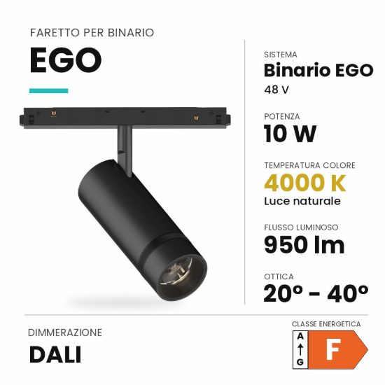 Ideal lux ego faretto per binario 48v orientabile con zoom led 10w 4000k dali nero