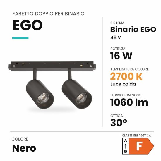 Ideal lux ego faretto doppio per binario 48v orientabile led 16w 2700k nero