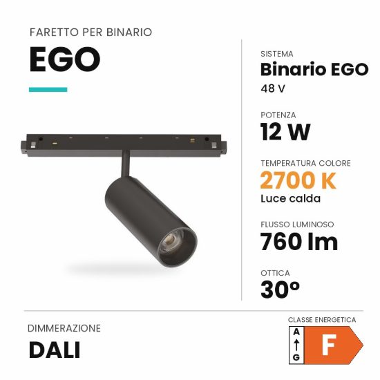 Ideal lux ego faretto per binario 48v orientabile led 12w 2700k dali nero