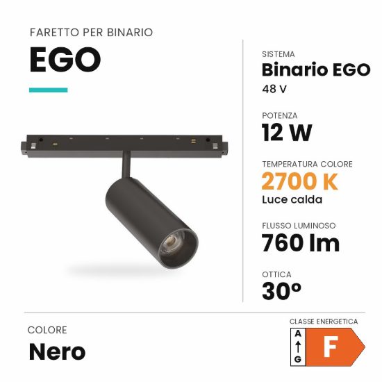 Ideal lux ego faretto per binario 48v orientabile led 12w 2700k nero