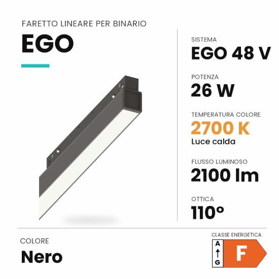Ideal lux ego wide faretto lineare per binario led 26w 2700k 112cm dali nero