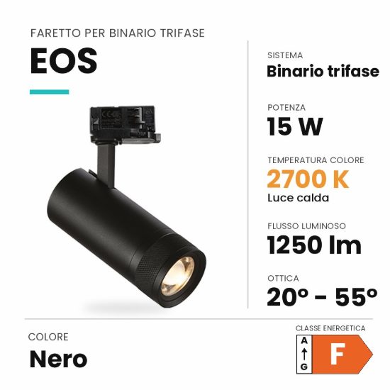 Ideal lux eos faretto per binario trifase orientabile led 15w 2700k con zoom cilindrico nero