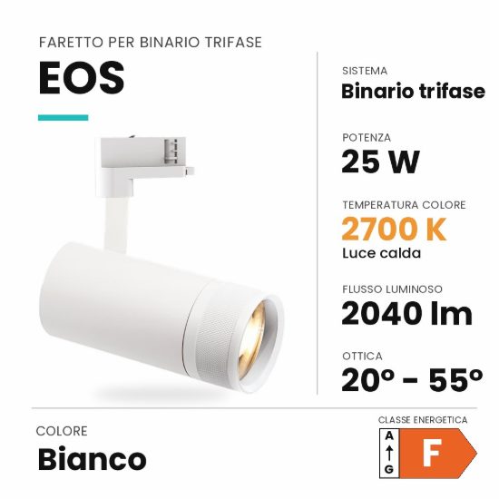 Ideal lux eos faretto per binario trifase orientabile led 25w 2700k con zoom cilindrico bianco