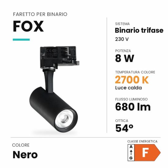 Ideal lux fox faretto per binario trifase orientabile led 8w 2700k cilindrico nero