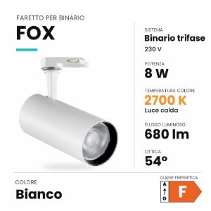 Ideal lux fox faretto per binario trifase orientabile led 8w 2700k cilindrico bianco