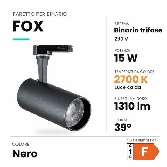 Ideal lux fox faretto per binario trifase orientabile led 15w 2700k cilindrico nero