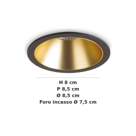 Ideal lux game faretto da incasso per cartongesso led 11w 4000k foro 7,5cm rotondo nero e oro