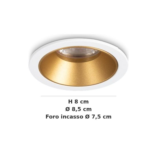 Ideal lux game faretto da incasso per cartongesso led 11w 4000k foro 7,5cm rotondo bianco e oro