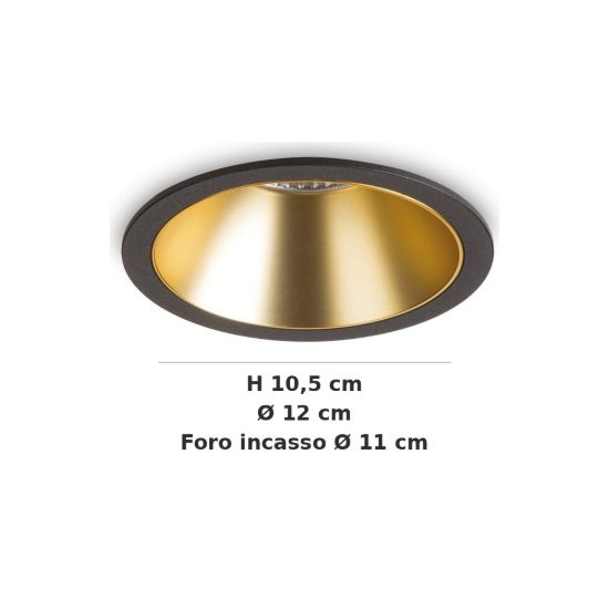 Ideal lux game faretto da incasso per cartongesso led 20w 3000k foro 11cm rotondo nero e oro