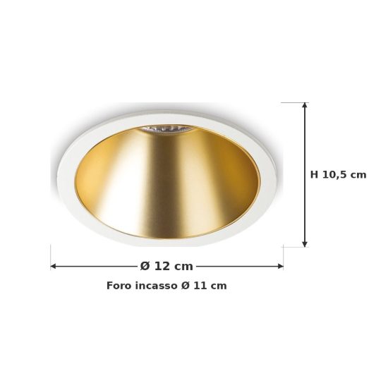 Ideal lux game faretto da incasso per cartongesso led 20w 3000k foro 11cm rotondo bianco e oro