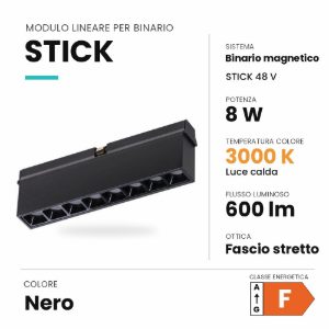 Ideal lux stick modulo lineare a fascio stretto per binario magnetico 48v led 8w 3000k nero