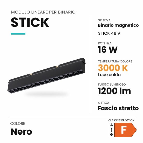 Ideal lux stick modulo lineare a fascio stretto per binario magnetico 48v led 16w 3000k nero