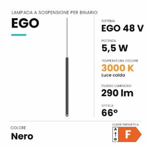 Ideal lux ego pendant tube lampada a sospensione per binario led 5,5w 3000k 1,6cm 1-10v nera