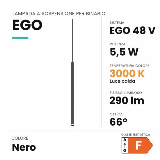 Ideal lux ego pendant tube lampada a sospensione per binario led 5,5w 3000k 1,6cm 1-10v nera