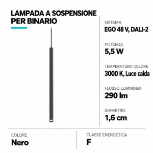 Ideal lux ego pendant tube lampada a sospensione per binario led 5,5w 3000k 1,6cm dali nera