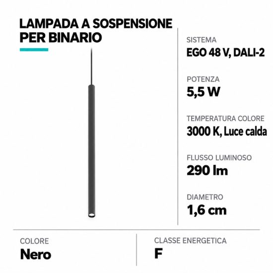Ideal lux ego pendant tube lampada a sospensione per binario led 5,5w 3000k 1,6cm dali nera