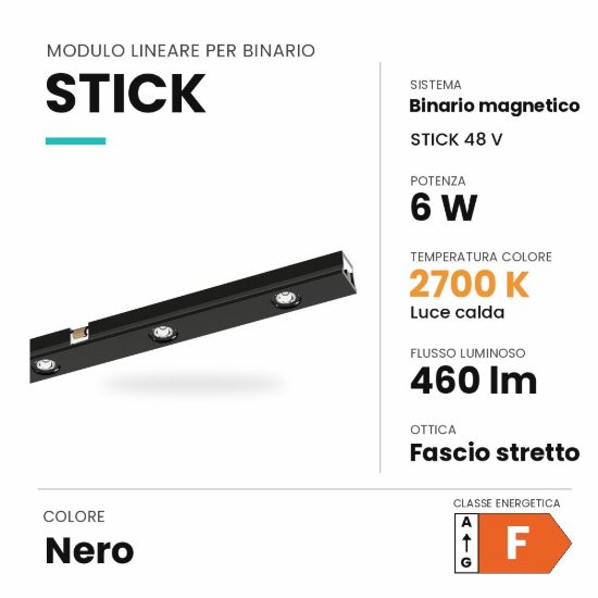 Ideal lux stick modulo lineare a fascio stretto per binario magnetico 48v led 6w 2700k nero