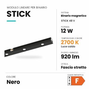 Ideal lux stick modulo lineare a fascio stretto per binario magnetico 48v led 12w 2700k nero