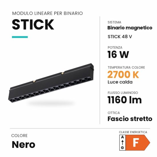 Ideal lux stick modulo lineare a fascio stretto per binario magnetico 48v led 16w 2700k nero