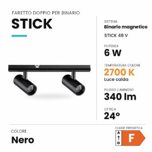 Ideal lux stick faretto doppio per binario magnetico 48v orientabile led 6w 2700k nero