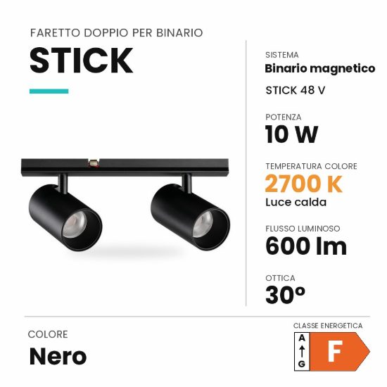 Ideal lux stick faretto doppio per binario magnetico 48v orientabile led 10w 2700k nero