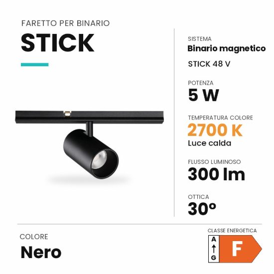 Ideal lux stick faretto per binario magnetico 48v orientabile led 5w 2700k nero