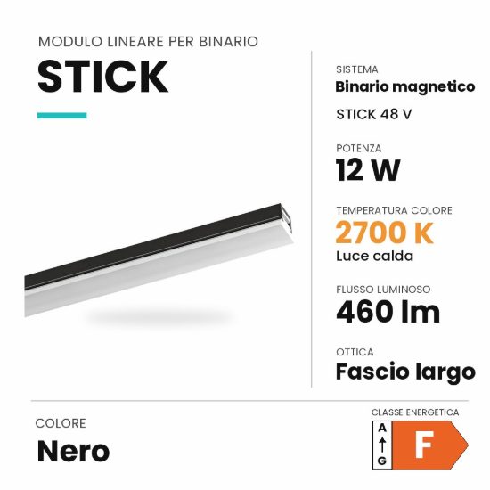 Ideal lux stick modulo lineare a fascio largo per binario magnetico 48v led 12w 2700k nero
