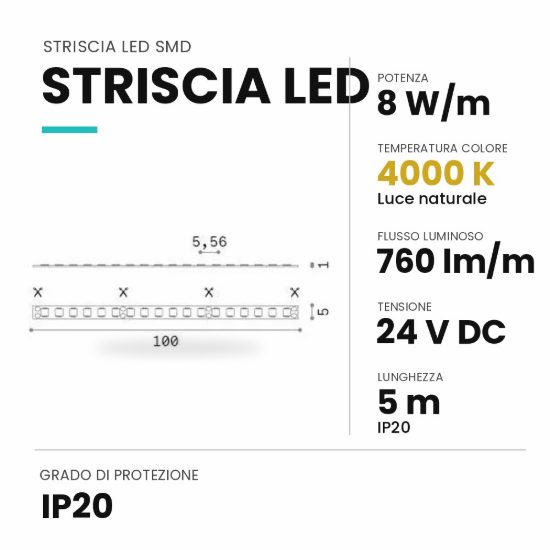 Ideal lux striscia led 24v smd larghezza 5mm 8w/m 4000k ip20 5m