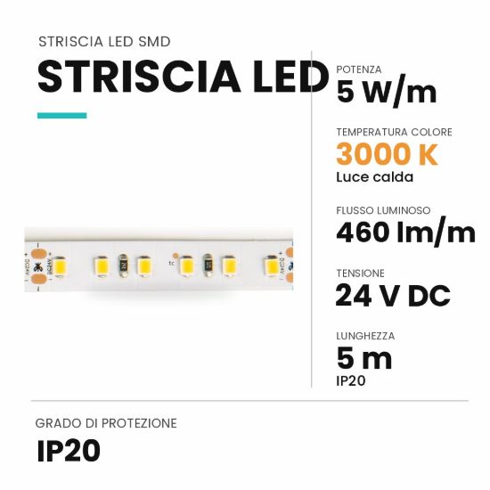 Ideal lux striscia led 24v smd 120 led/m 5w/m 3000k ip20 5m