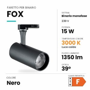 Ideal lux fox faretto per binario monofase orientabile led 15w 3000k cilindrico nero