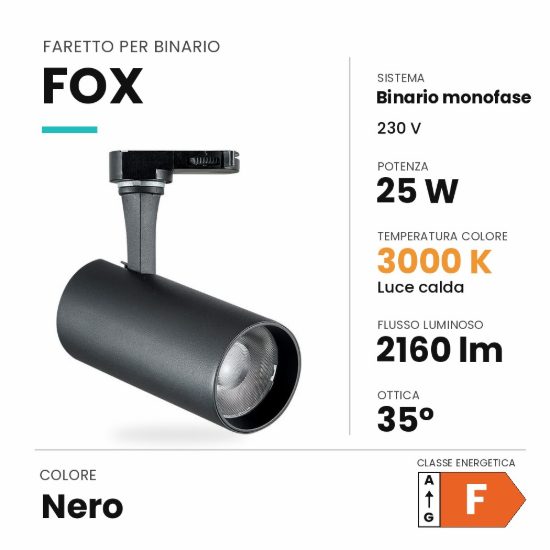 Ideal lux fox faretto per binario monofase orientabile led 25w 3000k cilindrico nero