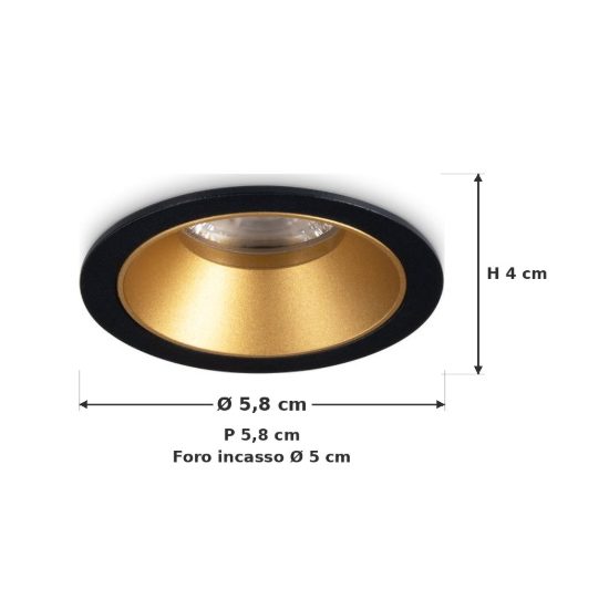 Ideal lux game faretto da incasso per cartongesso led 5w 3000k foro 5cm rotondo nero e oro