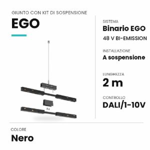 Ideal lux ego giunto con kit di sospensione 2m per binario bi-emission dali/1-10v nero