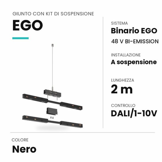 Ideal lux ego giunto con kit di sospensione 2m per binario bi-emission dali/1-10v nero