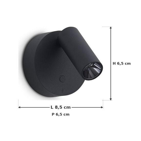 Ideal lux elf applique con faretto orientabile led 3w 3000k 8,5cm per comodino moderna nera