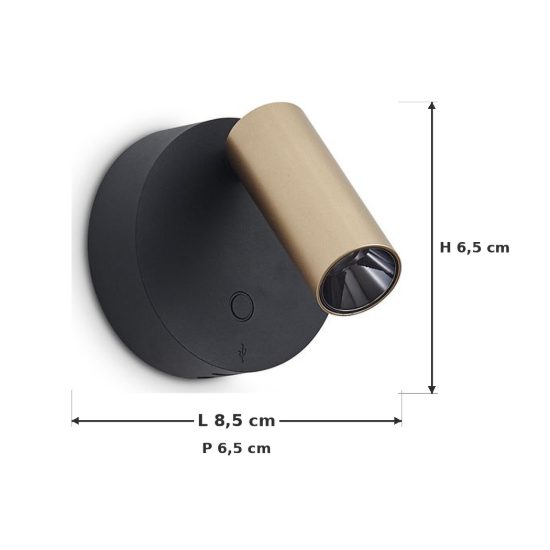 Ideal lux elf applique con faretto orientabile led 3w 3000k 8,5cm per comodino moderna nera e oro