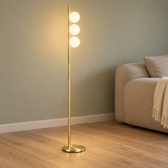 Ideal lux binomio lampada da terra con 3 sfere g9 led 3w 160,9cm per soggiorno contemporanea ottone