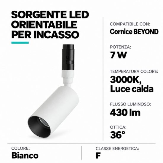 Ideal lux beyond sorgente led orientabile per faretti da incasso e semi-incasso 7w 3000k 3cm bianco
