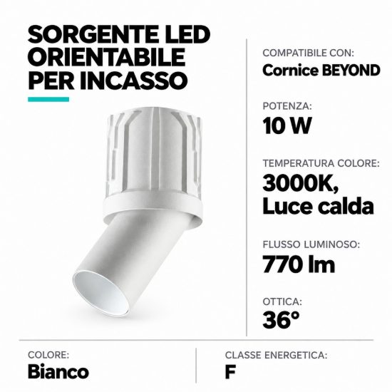Ideal lux beyond sorgente led orientabile per faretti da incasso 10w 3000k 6,1cm bianco