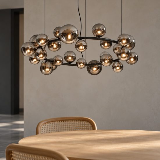 Ideal lux perlage lampadario ad anello 25 luci per sala da pranzo sfere in vetro fumè