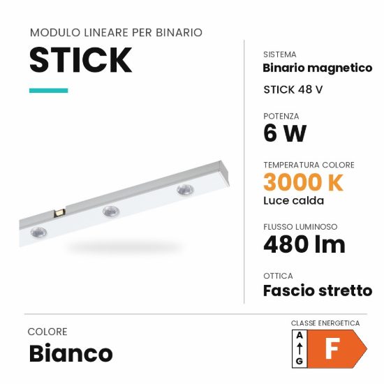 Ideal lux stick modulo lineare a fascio stretto per binario magnetico 48v led 6w 3000k bianco